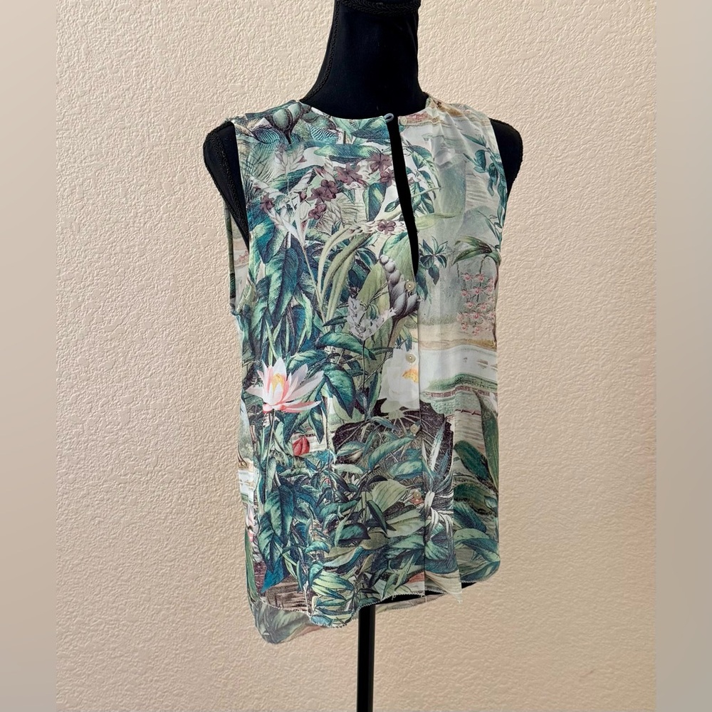 H & M Conscious Collection Tropical Button-Up Sleeveless Blouse Sz 6-8 High Low - Picture 4 of 12